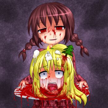  aosora_(mizore) blonde_hair blood blood_on_clothes blood_on_face braid brown_hair candle decapitation guro madotsuki poniko red_eyes skirt tray twin_braids twintails what yume_nikki  rating:Sensitive score:50 user:Wille