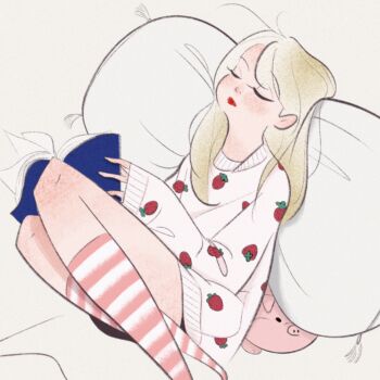 1girl blush book closed_eyes food_print fruit_print highres light_brown_hair long_hair long_sleeves open_book original pig pillow print_sweater rasukusekai red_lips sleeves_past_wrists socks solo strawberry_print striped_clothes striped_socks sweater white_sweater rating:Sensitive score:3 user:danbooru