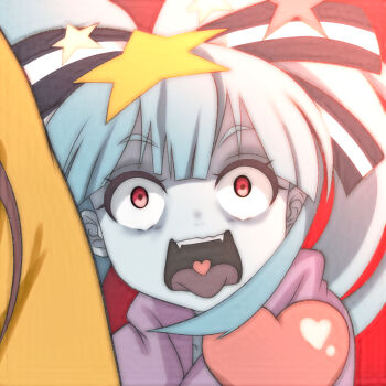  1girl black_ribbon blue_hair blush collarbone fangs grey_background hair_ornament hair_ribbon heart heart_in_mouth hoshikawa_lily jacket long_hair long_sleeves looking_at_viewer open_mouth purple_jacket red_background red_eyes ribbon screaming star_(symbol) star_hair_ornament t_jiroo_(ringofriend) teeth twintails upper_body zombie zombie_land_saga 