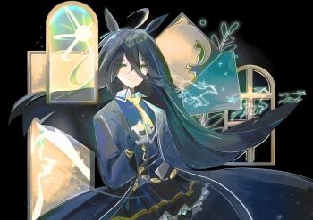  1girl absurdres ahoge animal_ears black_choker black_coat black_gloves black_hair black_shirt black_skirt choker closed_mouth coat coffee_mug collared_shirt cup ear_tag earrings gloves hair_between_eyes highres holding holding_cup horse horse_ears horse_girl jewelry long_bangs long_hair long_hair_between_eyes long_sleeves looking_at_viewer manhattan_cafe_(creeping_shadow)_(umamusume) manhattan_cafe_(umamusume) mug multicolored_hair necktie reyyu_tan shirt single_earring skirt smile solo umamusume white_hair yellow_eyes yellow_necktie 