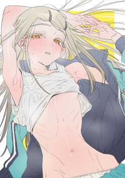 1girl absurdres arm_up armpits blonde_hair blush breasts camisole collarbone colored_eyelashes earrings emaciated gakuen_idolmaster grey_hair hair_ornament hairclip highres idolmaster interlocked_fingers jacket jewelry long_hair looking_at_viewer naga-agan navel open_mouth orange_eyes ribs shinosawa_hiro shirt shorts simple_background skinny sleeveless smile solo sweat track_jacket white_background white_camisole rating:Sensitive score:44 user:danbooru