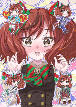  1girl ;d animal_ears black_dress blue_jacket blue_shorts blush boots bow breasts brown_boots brown_eyes brown_hair brown_shirt bucket cheerleader chibi clenched_hands collared_shirt commentary_request crop_top cropped_jacket denim denim_shorts diagonal-striped_bow dress ear_bow green_bow green_kimono hakama hakama_skirt holding holding_bucket horse_ears horse_girl horse_tail jacket japanese_clothes juliet_sleeves k_hiro kimono lace-up_boots long_sleeves multicolored_hair multiple_views navel nice_nature_(converging_wishes)_(umamusume) nice_nature_(poinsettia_ribbon)_(umamusume) nice_nature_(run&amp;win)_(umamusume) nice_nature_(umamusume) one_eye_closed open_clothes open_jacket open_mouth parted_lips pleated_skirt pom_pom_(cheerleading) ponytail puffy_long_sleeves puffy_sleeves purple_shirt purple_skirt purple_thighhighs red_hakama school_uniform shirt shoes short_shorts shorts skirt sleeveless sleeveless_dress sleeves_past_wrists small_breasts smile streaked_hair striped_bow striped_clothes striped_kimono tail thighhighs tracen_school_uniform twintails umamusume vertical-striped_clothes vertical-striped_kimono white_bow white_shirt white_shoes white_skirt 