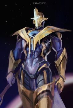  1boy adam_warlock adam_warlock_(cosmic_warlock) artist_name black_hole blurry blurry_background bodysuit commentary covered_abs cowboy_shot gold_gloves gold_helmet guardians_of_the_galaxy highres holding holding_wand male_focus marvel marvel_rivals muscular muscular_male official_alternate_costume preatorcaezar purple_bodysuit solo space wand 