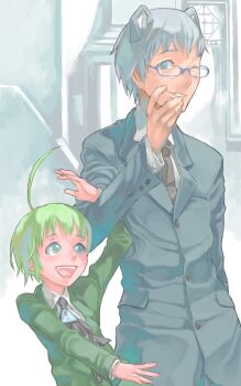  ! 2boys 2k-kun :d ahoge animal_ears blue_eyes blue_hair child formal_clothes glasses green_hair grin height_difference locked_arms male_focus me-kun multiple_boys open_mouth os-tan size_difference smile suit upper_body 