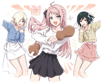  3girls ? ahoge alternate_hairstyle black_skirt blonde_hair blue_eyes blue_jacket boned_meat brown_jacket collarbone commentary cropped_legs food green_hair hair_ornament hair_over_one_eye hair_ribbon hairclip highres holding holding_food jacket long_hair long_sleeves looking_at_viewer love_live! love_live!_nijigasaki_high_school_idol_club meat mia_taylor mifune_shioriko multiple_girls one_eye_covered one_side_up open_mouth pink_hair pink_skirt purple_eyes r3birth_(love_live!) red_eyes revision ribbon shirt short_hair sidelocks skirt smile twintails upper_body white_ribbon white_shirt white_skirt yukitake_(bullfalk) zhong_lanzhu 