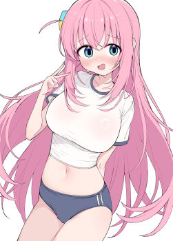  1girl absurdres blue_buruma blue_eyes blush bocchi_the_rock! breasts buruma commentary cube_hair_ornament gotoh_hitori hair_ornament highres large_breasts long_hair metaljelly midriff navel pink_hair shirt side_ahoge simple_background solo sportswear very_long_hair white_background white_shirt 