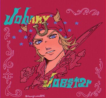  1boy beanie blonde_hair blue_eyes character_name commentary cropped_shoulders flower hair_through_headwear hanagruma0606 hat horseshoe_ornament johnny_joestar jojo_no_kimyou_na_bouken male_focus parted_lips red_background short_hair solo star_(symbol) steel_ball_run symbol-only_commentary twitter_username wavy_eyes 