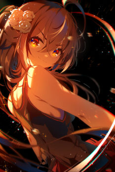  1girl absurdres brown_eyes brown_hair commentary english_commentary flower from_behind hair_between_eyes hair_flower hair_ornament highres hololive hololive_english long_hair looking_at_viewer nanashi_mumei pleated_skirt skirt sleeveless solo the0neulost virtual_youtuber 