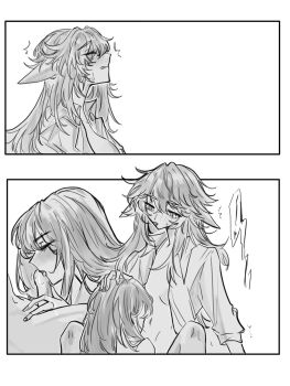  2girls 4711_(xx) animal_ears blunt_bangs blush chinese_commentary clenched_teeth close-up closed_eyes closed_mouth collared_shirt commentary_request couple fellatio fox_ears fox_girl from_behind from_side futa_with_female futanari genshin_impact hair_between_eyes highres licking licking_penis long_hair looking_down lower_body monochrome multiple_girls navel nude open_clothes open_mouth oral penis raiden_shogun sex shirt stomach sweatdrop teeth upper_body yae_miko 