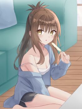  1girl akaya_(pixiv20545353) black_shorts blue_jacket breasts brown_eyes brown_hair camisole cleavage closed_mouth commentary_request couch dolphin_shorts food highres holding holding_food ice_cream indoors jacket long_hair long_sleeves looking_at_viewer medium_breasts off_shoulder on_floor open_clothes open_jacket pillow puffy_long_sleeves puffy_sleeves shorts sleeves_past_wrists solo strap_slip table to_love-ru to_love-ru_darkness tongue tongue_out white_camisole wooden_floor yuuki_mikan 