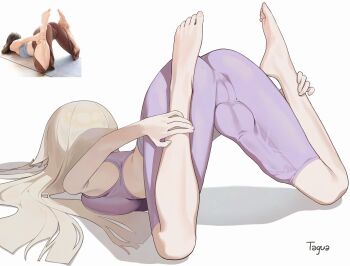 1girl absurdres artist_name ass barefoot bilingual_commentary blonde_hair bound_puppy_pose breast_press breasts bulge cameltoe commentary covered_penis covered_testicles english_commentary enid_(tagua) futanari highres large_penis long_hair medium_breasts mixed-language_commentary original pants penis photo-referenced pink_pants reference_inset simple_background solo sports_bra tagua testicles top-down_bottom-up white_background yoga yoga_pants 