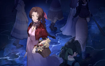  6+girls aerith_gainsborough aged_down basket brown_hair commentary_request cropped_jacket dress final_fantasy final_fantasy_vii final_fantasy_vii:_advent_children final_fantasy_vii_rebirth final_fantasy_vii_remake flower green_eyes green_ribbon grin hair_ribbon highres holding holding_basket holding_staff jacket lilith-lily looking_at_viewer multiple_girls multiple_persona official_alternate_costume pink_dress pink_ribbon red_jacket ribbon smile staff time_paradox 