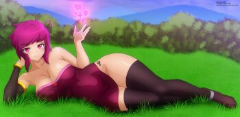  1girl ahoge armlet black_thighhighs blush borrowed_character bracelet breasts brown_shoes cleavage clothes_lift collarbone commission detached_sleeves dress dress_lift grass head_rest heart heart_ahoge heart_tattoo hip_tattoo jewelry large_breasts looking_at_viewer lying magic mountain original pink_dress pink_eyes pink_hair shoes short_hair single_sleeve sky smile strapless strapless_dress tattoo thighhighs tree violet_vortex zel-sama 