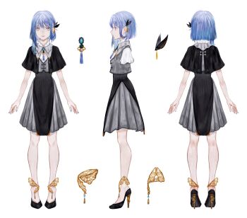  1girl absurdres arms_at_sides black_dress black_shoes blue_eyes blue_hair blue_nails brooch ciel_(kamitsubaki_studio) commentary_request dress full_body grey_dress hair_ornament high_heels highres jewelry kamitsubaki_studio medium_hair multiple_views official_art profile reference_sheet shirone_(coxo_ii) shoes simple_background standing turnaround two-tone_dress virtual_youtuber white_background 