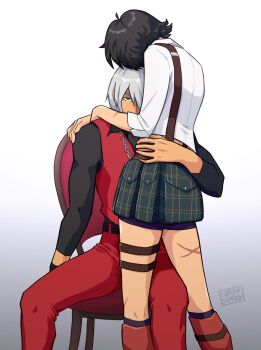  1boy 1girl artist_name bike_shorts black_hair blue_eyes chair commentary dante_(devil_may_cry) devil_may_cry_(series) english_commentary highres lady_(devil_may_cry) on_chair pants red_pants red_vest scar scar_on_leg sharksmirk shirt signature sitting vest white_hair white_shirt 