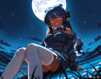  1girl absurdres bare_shoulders blue_bow blue_hair bow breasts cloud commentary cross-laced_sweater dark-skinned_female dark_skin english_commentary feet_out_of_frame full_moon grass grin hair_bow hepari highres large_breasts long_hair long_sleeves looking_at_viewer moon night off-shoulder_sweater off_shoulder on_ground original outdoors pointy_ears purple_eyes ribbed_sweater sitting sky sleeves_past_wrists smile solo star-shaped_pupils star_(sky) star_(symbol) starry_sky sweater symbol-shaped_pupils thighhighs twitter_username white_thighhighs 
