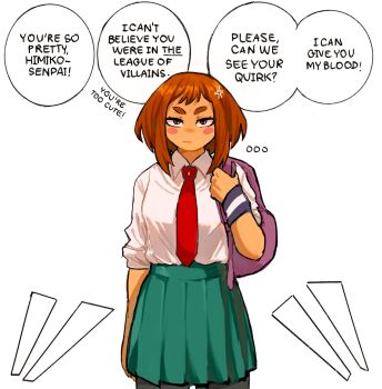  1girl anger_vein backpack bag blush_stickers boku_no_hero_academia brown_eyes brown_hair commentary english_text frown green_skirt highres implied_yuri jealous lia_(miauiz) medium_hair necktie pantyhose red_necktie school_uniform shirt simple_background skirt solo speech_bubble thick_eyebrows u.a._school_uniform untranslatable_commentary uraraka_ochako white_background white_shirt 