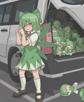  absurdres bad_source blush car car_trunk cirno dress duhota fumo_(doll) green_dress green_eyes green_hair hapa_cirno highres index_fingers_together motor_vehicle touhou 