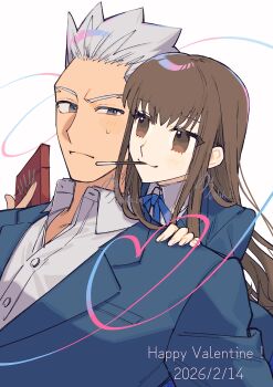  1boy 1girl absurdres archer_(fate) brown_eyes brown_hair chocolate commentary_request dark-skinned_male dark_skin fate/extra fate/extra_ccc fate_(series) happy_valentine highres kishinami_hakuno_(female) long_hair nora_(lyh_b) spiked_hair valentine white_hair 