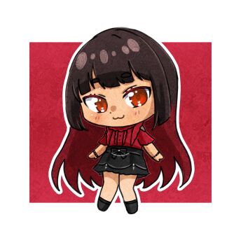  1girl :3 bare_shoulders black_boots black_bow black_skirt blunt_bangs boots border bow bracelet brown_hair buttons center_frills chibi closed_mouth clothing_cutout collared_shirt colored_eyelashes commentary commission dot_nose english_commentary frilled_shirt frills happy heart heart_in_eye high-waist_skirt highres jewelry light_blush long_hair miniskirt multicolored_hair nonoberry22 original outline outside_border red_background red_eyes red_hair red_shirt shirt short_sleeves shoulder_cutout skirt smile solo standing studded_bracelet symbol_in_eye tsurime two-tone_hair very_long_hair vgen_commission waist_bow wavy_hair white_border white_outline 