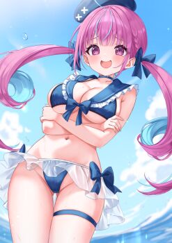  1girl 4kimizuki @_@ absurdres ahoge aqua_hair bikini blue_bikini blue_choker blue_hat blue_sailor_collar blue_sky breasts cameltoe choker cleavage cloud colored_inner_hair commentary_request day drill_hair frilled_bikini frills front-tie_bikini_top front-tie_top gluteal_fold hat highres hololive large_breasts long_hair looking_at_viewer minato_aqua multicolored_hair navel ocean open_mouth pink_hair purple_eyes sailor_bikini sailor_collar sky solo stomach streaked_hair swimsuit thigh_gap twin_drills two-tone_hair virtual_youtuber wading 