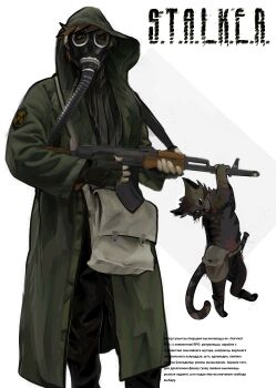  1boy absurdres alternate_costume alternate_universe bag bilingual_text black_eyes black_gloves black_pants brown_hair cat coat commentary commission copyright_name cowboy_shot edd_(eddsworld) eddsworld english_commentary english_text fingerless_gloves gas_mask gloves green_coat grey_cat highres hood hood_up hooded_coat hornboner looking_at_viewer male_focus mask mixed-language_text pants parody radiation_symbol ringo_(eddsworld) russian_text short_hair shoulder_bag solo_focus stalker_(game) standing straight-on tabby_cat translation_request white_background white_bag 