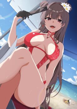 1girl bare_shoulders beach blue_sky blunt_bangs volt_(nikke) breasts brown_hair cleavage cleavage_cutout clothing_cutout dog double_bun earrings flower gloves goddess_of_victory:_nikke hair_bun half_gloves hand_fan highres holding holding_fan jewelry kana_(wucz8478) long_hair medium_breasts necklace one-piece_swimsuit open_mouth outdoors red_eyes sidelocks sky sleeveless smile solo_focus swimsuit yan_(nikke) yan_(sunrise_market)_(nikke) rating:Sensitive score:50 user:danbooru