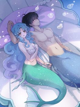  1boy 1girl absurdres ahoge air_bubble bare_pectorals bare_shoulders bikini black_hair blue_hair blue_tail blush bracelet breasts brown_eyes bubble cleavage collarbone fins gem giant_clam gradient_hair green_eyes green_tail groin head_fins head_on_arm highres jewelry komena_(shinyday312) large_breasts long_hair long_sidelocks lying mermaid merman monster_boy monster_girl multicolored_hair navel on_back open_mouth original pearl_(gemstone) pearl_bracelet pectorals pillow purple_hair purple_pillow resting rubbing scales shell shell_bikini short_hair sidelocks swimsuit tail_rubbing underwater 