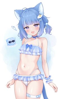  1girl :3 :d ahoge alternate_costume animal_ears arms_at_sides bare_arms bare_shoulders bikini bikini_skirt blue_bikini blue_bow blue_choker blue_hair blue_ribbon blue_wrist_cuffs blunt_bangs blush bow bow_bikini cat_ears cat_girl choker cloud_hair_ornament cocozasa cowboy_shot creature crescent crescent_hair_ornament fang flat_chest flat_color frilled_bikini frilled_wrist_cuffs frills groin hair_ornament halterneck heart highleg highleg_bikini highres indie_virtual_youtuber jellyfish_hair_ornament kurageu_roa loli looking_at_viewer mascot multicolored_hair navel open_mouth petite purple_eyes ribbon ribbon_choker short_hair short_twintails sidelocks simple_background skindentation smile solo standing stomach streaked_hair string_bikini sunglasses swimsuit thigh_strap twintails two-tone_hair virtual_youtuber white_background white_bikini white_streaks wrist_cuffs x_hair_ornament 