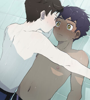  2boys black_male_swimwear bright_pupils brown_hair closed_mouth commentary_request dark-skinned_male dark_skin eye_contact hands_up highres hiragana_(maru_kaku) hop_(pokemon) indoors interracial kabedon looking_at_another male_focus male_swimwear multiple_boys navel nintendo nipples pokemon pokemon_swsh purple_hair short_hair shoulder_blades shower_(place) swimsuit topless_male victor_(pokemon) water wet yaoi yellow_eyes  rating:Sensitive score:50 user:danbooru