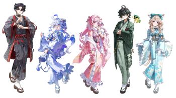  2boys 3girls absurdres ahoge ajaw_(genshin_impact) alternate_costume animal_ears aqua_kimono bag black_hair blonde_hair blue_eyes blue_hair blue_kimono blue_pupils braid cat_ears citlali_(genshin_impact) closed_mouth dasha drop-shaped_pupils floral_print floral_print_kimono flower frilled_kimono frills full_body fur-trimmed_kimono fur_trim furina_(genshin_impact) genshin_impact gloves green_hair green_jacket green_kimono grey_hair hair_between_eyes hair_flower hair_ornament hairclip hand_up heterochromia highres holding holding_bag jacket japanese_clothes kimono kinchaku kinich_(genshin_impact) leg_up long_hair long_sleeves lynette_(genshin_impact) multicolored_hair multiple_boys multiple_girls open_mouth pink_hair pink_kimono pink_pupils pouch print_kimono purple_eyes simple_background smile socks streaked_hair symbol-shaped_pupils tabi tassel tassel_hair_ornament twin_braids very_long_hair wavy_hair white_background white_gloves white_hair white_socks wide_sleeves wriothesley_(genshin_impact) 