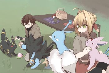  1boy 1girl 46isky21 4others ? ahoge animal_ears animal_nose beak bike_shorts bird black_fur black_gloves black_shirt black_shorts blonde_hair blue_fur braid breasts brown_hair brown_hoodie closed_eyes closed_mouth collarbone collared_shirt commentary_request crossover cup espeon fate/extella fate/extella_link fate/extra fate/grand_order fate_(series) fingerless_gloves food forehead_jewel from_behind fruit full_body gem gen_2_pokemon gen_3_pokemon gen_4_pokemon gloves grass green_eyes grey_pants grey_shirt hair_between_eyes hair_bun hair_ribbon hands_up highres hood hoodie kishinami_hakuno_(male) leaf lion_ears lion_tail looking_at_another luxray medium_breasts miniskirt multiple_others nero_claudius_(fate) nero_claudius_(fate/extra) nero_claudius_(traveling_outfit)_(fate) nintendo official_alternate_costume open_clothes open_hoodie open_mouth pants petting picnic picnic_basket poke_ball pokemon pokemon_(creature) purple_fur red_eyes red_gemstone red_ribbon red_skirt ribbon seiza shadow shirt short_hair short_sleeves shorts sidelocks single_braid sitting skirt smile sparkle swablu sweatdrop t-shirt table tail tray two-tone_fur umbreon v-shaped_eyebrows white_fur 