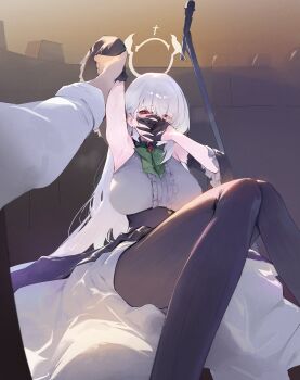  1boy 1girl absurdres armpits black_gloves black_pantyhose blue_archive blush breasts center_frills collar covering_own_mouth detached_sleeves dokshuri earrings feet_out_of_frame frilled_collar frills gloves grey_hair grey_shirt halo hetero high-waist_skirt highres holding_another's_arm jewelry knees_together_feet_apart knees_up large_breasts looking_at_viewer official_alternate_costume pantyhose pov pov_hands red_eyes sakurako_(blue_archive) sakurako_(idol)_(blue_archive) sensei_(blue_archive) shirt sitting skirt sleeveless sleeveless_shirt teardrop_earrings tears 