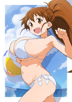  1girl absurdres alluremyth ball beachball bikini blue_sky bouncing_breasts breasts brown_eyes cloud highres large_breasts long_hair navel open_mouth round_teeth side-tie_bikini_bottom sky smile solo swimsuit taneshima_popura teeth upper_teeth_only white_bikini working!!  rating:Sensitive score:30 user:danbooru