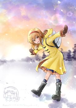  1girl :d =_= absurdres angel_wings backpack bag bilingual_commentary black_bag black_boots blush boots breath brown_hair brown_mittens chibi chibi_inset cloud coat cold commentary commentary_request copyright_name eating english_commentary fake_wings food full_body hair_between_eyes hairband happy highres hood hood_down kanon leaning_forward long_sleeves looking_at_viewer medium_hair mittens mixed-language_commentary open_mouth outdoors outstretched_arms red_eyes red_hairband smile snow snowing solo standing straight_hair stubox15 sunrise taiyaki tsukimiya_ayu wagashi wings winter winter_clothes yellow_coat 