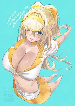  1girl absurdres alternate_costume arched_back arms_behind_back bare_legs blonde_hair blue_background bow breasts cleavage commentary_request dated fang full_body goddess_of_victory:_nikke green_eyes hair_between_eyes hair_bow hair_intakes headset highres large_breasts long_hair looking_to_the_side low_neckline microphone miumiumi_99 mole mole_on_breast multicolored_shirt open_mouth partial_commentary ponytail ring_light_reflection rupee_(nikke) shirt shoes signature simple_background skirt sneakers socks solo sportswear standing stomach tennis_skirt tennis_uniform white_shirt white_skirt white_socks yellow_bow yellow_shirt yellow_skirt 