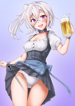  1girl alcohol alternate_costume anti_(untea9) apron azur_lane beer_mug blush breasts commentary_request commission cowboy_shot cross cup cursor dirndl dress embarrassed german_clothes grey_hair hair_between_eyes highres iron_cross kantai_collection long_hair looking_at_viewer mug name_connection open_mouth panties pantyshot pixiv_commission purple_background purple_eyes short_hair short_sleeves small_breasts smile solo underwear waist_apron white_hair white_panties z1_leberecht_maass_(azur_lane) z1_leberecht_maass_(kancolle) z1_leberecht_maass_(oktoberfest)_(kancolle) 