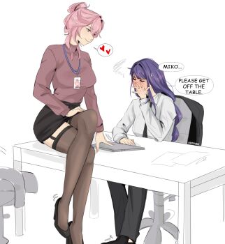  black_pants black_shoes blush chair closed_eyes collared_shirt commentary computer english_commentary english_text garter_straps genshin_impact hair_bun heart highres laptop long_hair on_chair on_table pants pink_hair purple_hair purple_sweater raiden_shogun seijousai shirt shoes sitting spoken_heart sweater table thighhighs turtleneck turtleneck_sweater white_shirt yae_miko 