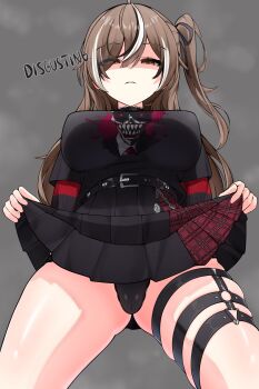  1girl absurdres belt black_hair black_panties breasts brown_eyes brown_hair clothes_lift commentary_request from_below grey_background hair_between_eyes highres hololive hololive_english large_breasts long_hair multicolored_hair nanashi_mumei nanashi_mumei_(emo) nobarts one_side_up panties print_shirt shaded_face shirt simple_background skirt skirt_lift solo streaked_hair thigh_strap thighs underwear virtual_youtuber white_hair 