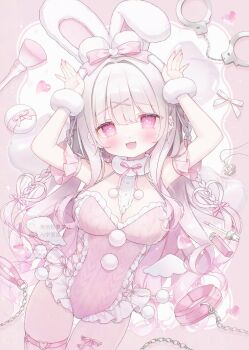  1girl animal_ears bare_shoulders blush bow braid breasts cleavage collar cuffs frills hair_bow hair_ornament hairband handcuffs heart highres large_breasts leash leotard long_hair looking_at_viewer omochi_monaka open_mouth original pink_bow pink_eyes pink_leotard rabbit_ears ribbon smile solo thigh_strap twintails white_hair white_hairband x_hair_ornament 