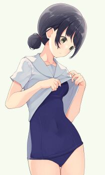  1girl black_hair blouse blue_one-piece_swimsuit blunt_bangs breasts formal_clothes green_eyes hair_bun highres hiroki_(yyqw7151) one-piece_swimsuit original school_swimsuit shirt short_hair simple_background single_hair_bun solo suit swimsuit tagme white_background white_shirt white_suit  rating:Sensitive score:22 user:danbooru