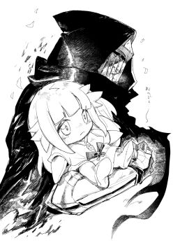  1boy armor character_doll cloak commentary_request doll ender_lilies_quietus_of_the_knights full_armor greyscale highres holding holding_stuffed_toy hood hooded_cloak knight kofuku_(reitouko) lily_(ender_lilies) monochrome stuffed_animal stuffed_toy umbral_knight_(ender_lilies) 