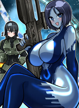  2girls armor black_eyes black_hair blue_eyes blue_hair blue_skin blush breasts colored_skin cortana finger_on_trigger genderswap genderswap_(mtf) gun halo_(game) halo_(series) helmet highres holding holding_gun holding_weapon iriomote_umineko large_breasts master_chief multiple_girls open_mouth power_armor science_fiction shiny_skin short_hair smile space weapon 