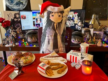  1girl 2d_dating 4chan akemi_homura akemi_homura_(magical_girl) black_hair candle chicken_wing chopsticks christmas christmas_lights colonel_sanders computer dakimakura_(object) donut earth_(planet) english_text figure fire flower food french_fries hat kfc lamp mahou_shoujo_madoka_magica maid maid_headdress mitakihara_school_uniform monitor napkin nesoberi photo_(medium) pillow planet red_flower red_rose rose santa_hat school_uniform solo tablecloth 