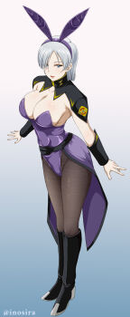  1girl animal_ears artist_name black_boots blue_background blue_eyes boots breasts brown_pantyhose cleavage collarbone commentary_request ezalia_joule fake_animal_ears full_body gradient_background grey_hair gundam gundam_seed gundam_seed_freedom hairband highres inoshira knee_boots large_breasts leotard pantyhose playboy_bunny purple_hairband purple_leotard rabbit_ears short_hair solo standing watermark white_background  rating:Sensitive score:6 user:danbooru