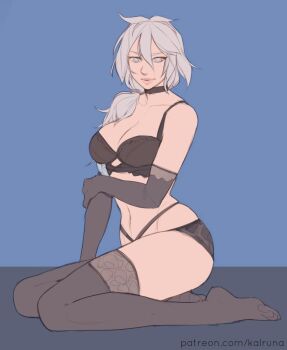 1girl black_bra black_panties black_thighhighs bra choker elbow_gloves gloves kalruna kneeling lingerie original panties thighhighs underwear white_eyes white_hair