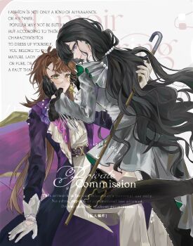  2girls absurdres black_boots black_gloves black_hair boots brown_hair cane chinese_commentary coat commentary_request couch english_text eye_contact face-to-face feet_out_of_frame glasses gloves green_eyes grey_jacket grey_skirt hand_on_another's_cheek hand_on_another's_face hand_up hands_up highres holding holding_cane isolde_(and_all_that_jazz)_(reverse:1999) isolde_(reverse:1999) jacket kakania_(reverse:1999) kakania_(seminars_on_serenity)_(reverse:1999) leg_up long_hair looking_at_another multiple_girls official_alternate_costume on_couch pants profile purple_coat purple_eyes reverse:1999 round_eyewear shangzi_(baicha06336) shirt sitting skirt standing standing_on_one_leg thigh_boots watermark white_background white_gloves white_pants white_shirt yuri 