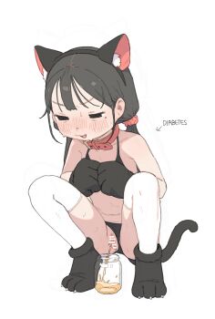  1girl absurdres animal_ears artist_self-insert bar_censor bikini black_bikini black_hair blush cat_ears cat_tail censored fang highres loli low_twintails micro_bikini original pee peeing peeing_in_bottle possi_(possummachine) possummachine pussy simple_background squatting sweat swimsuit tail twintails white_background  rating:Explicit score:24 user:danbooru