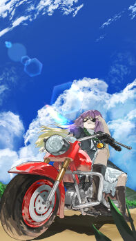  1girl black_dress blonde_hair blue_sky boots brown_boots chinese_commentary cloud commentary_request day dress gradient_hair highres hijiri_byakuren knee_boots kori_morri layered_dress lens_flare long_hair motor_vehicle motorcycle multicolored_hair outdoors purple_hair riding sitting sky smile solo sunglasses touhou vehicle_focus white_dress  rating:General score:2 user:danbooru