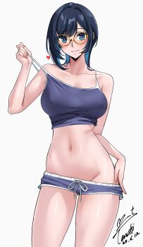  1girl absurdres bare_shoulders blue_hair blue_shorts blush borrowed_character breasts camisole commentary_request glasses highres large_breasts looking_at_viewer navel no_panties original revision round_eyewear short_hair short_shorts shorts simple_background smile solo spaghetti_strap stomach strap_pull white_background yoo_tenchi 